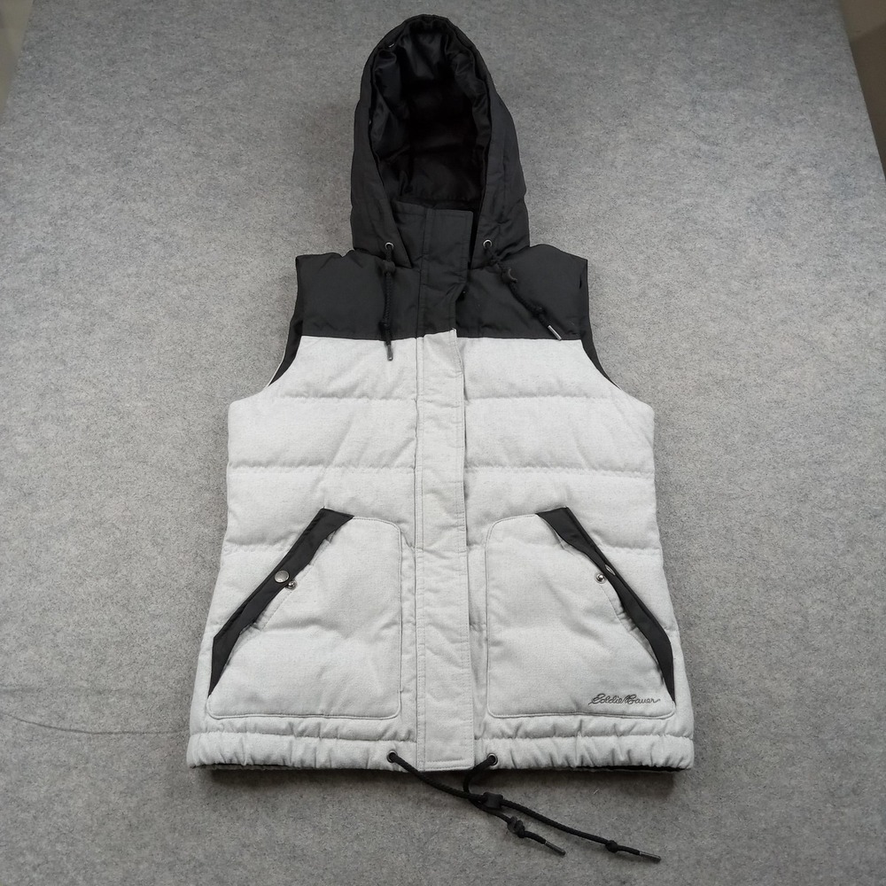 Eddie Bauer Vest Womens Medium Gray Hooded Down‎ Puffer Zip Pockets Outdoor